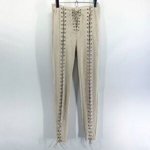 Manière De Voir Beige Faux Suede Lace Up Front Eyelet High Rise Leggings Pants